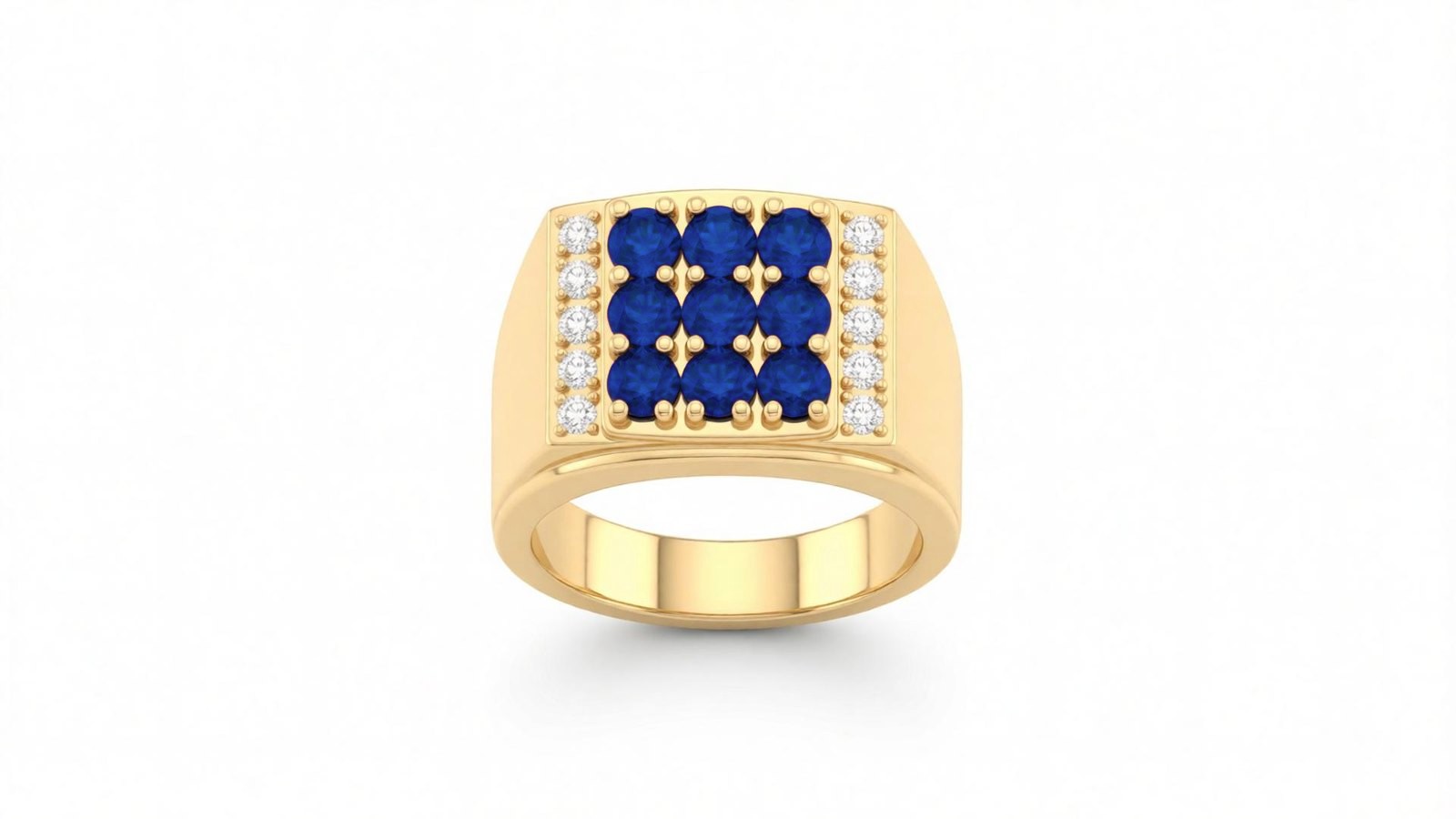 Anel Chevalier Safira — ouro 18k amarelo com 9 safiras azuis em cluster central e pavê lateral de diamantes