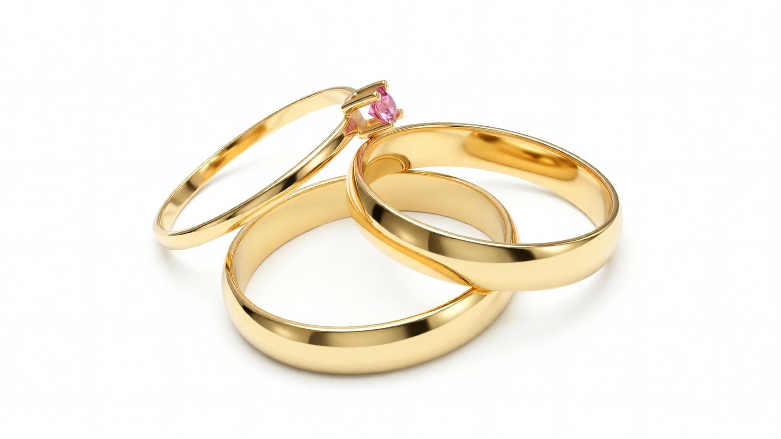 Conjunto bridal em ouro 18k amarelo com par de alianças lisas e anel de noivado solitário com turmalina rosa