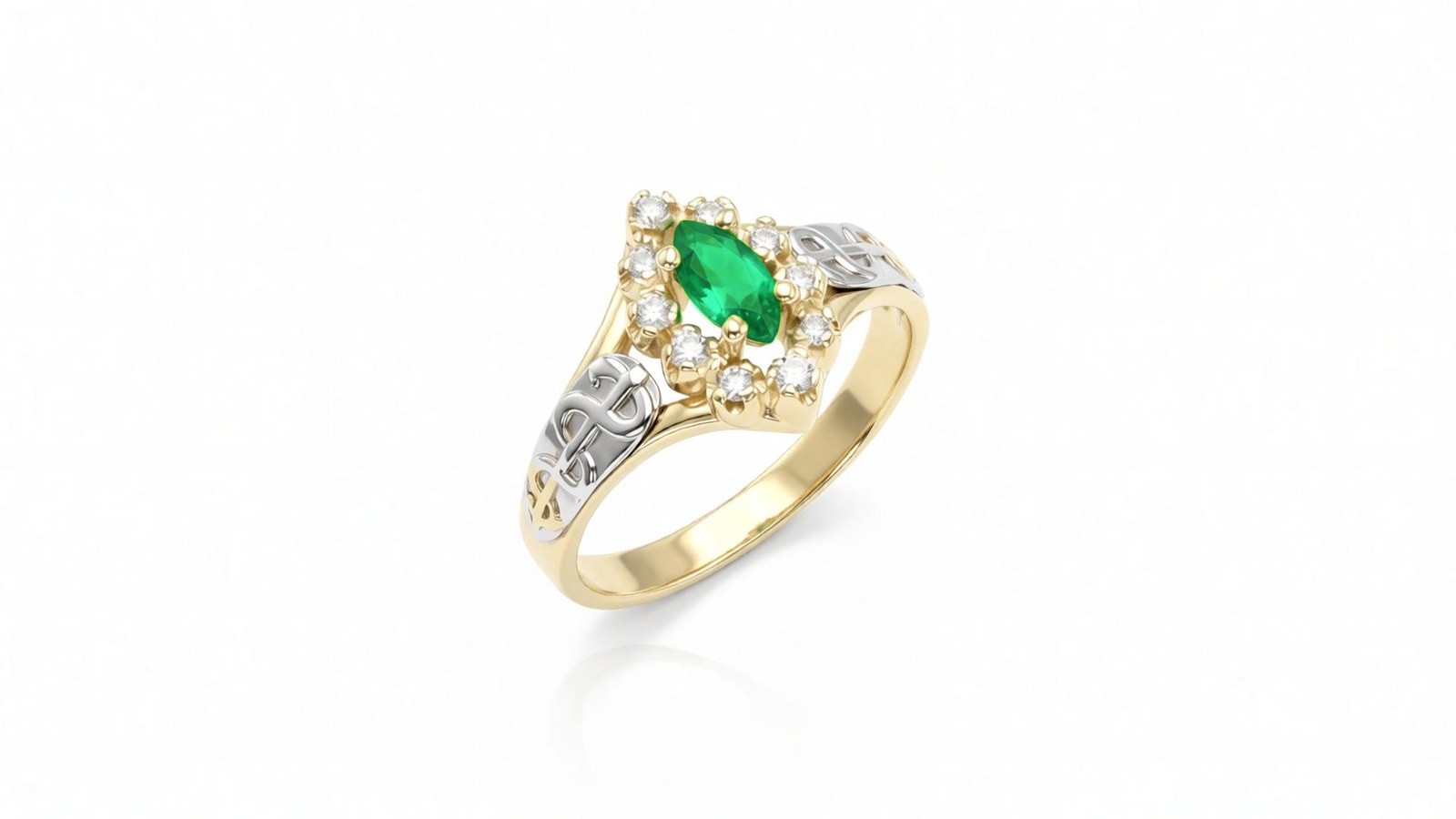 Anel Esmeralda Celta — ouro 18k amarelo com detalhes em ouro branco e esmeralda navete com halo de diamantes
