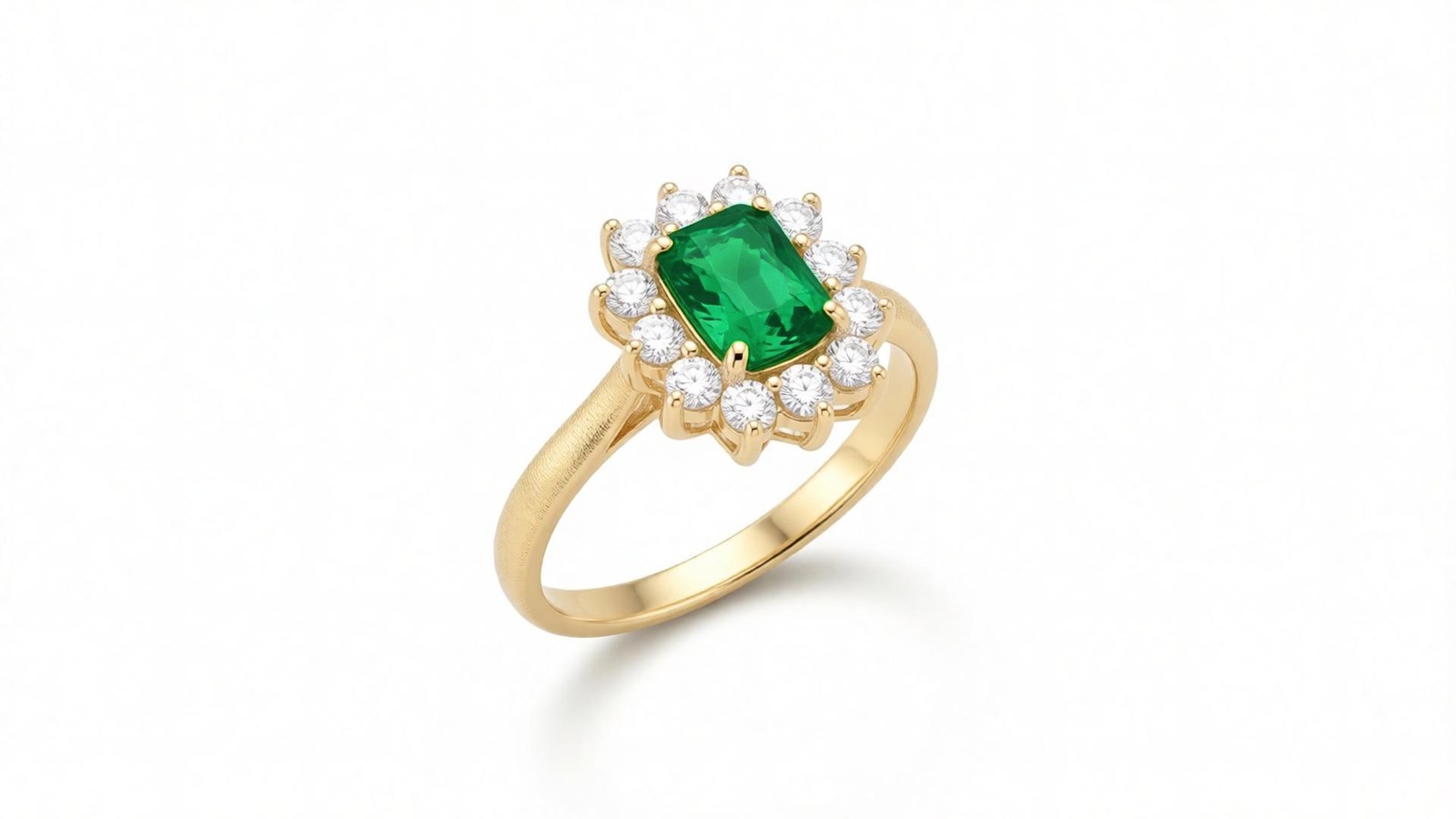 Anel Esmeralda Florentina — ouro 18k amarelo com esmeralda corte retangular e halo de 12 diamantes em aro de acabamento florentino