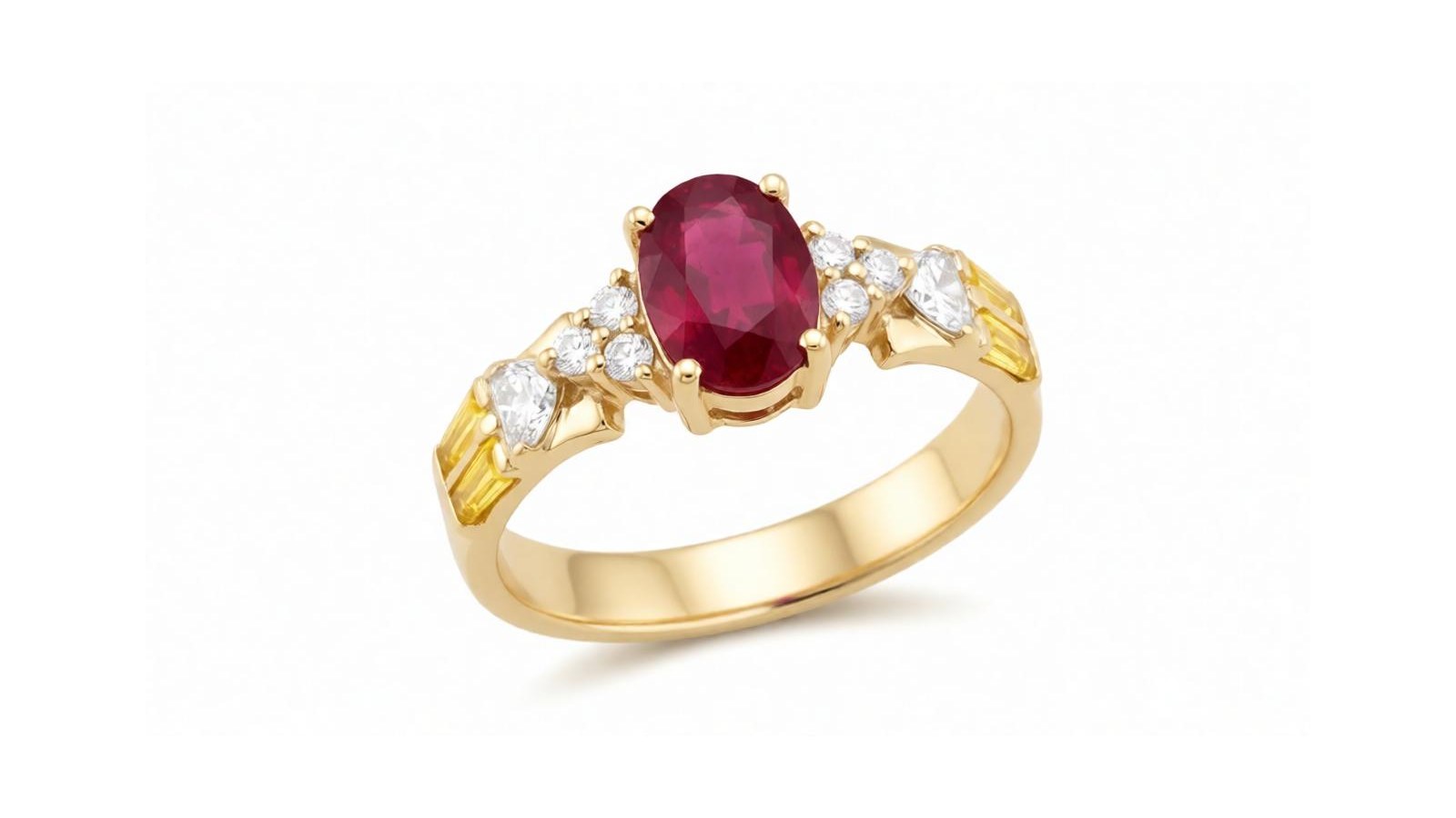Anel Rubi Majestade — ouro 18k amarelo com rubi oval, diamantes brilhantes laterais e baguetes amarelas no perfil da banda
