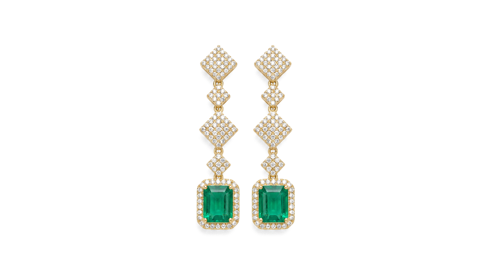 Brincos Cascata de Esmeraldas — ouro 18k com esmeraldas naturais e pavê de diamantes